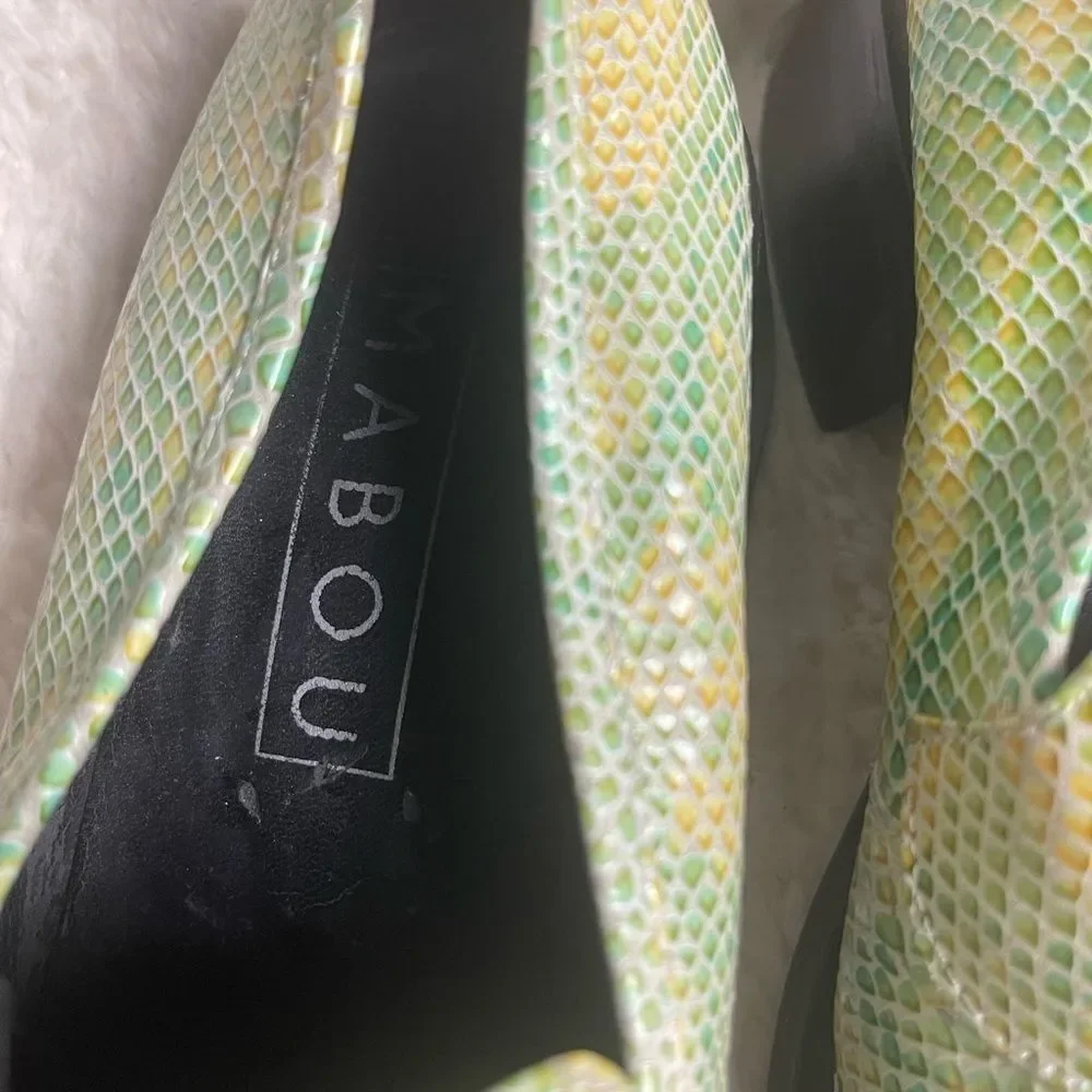 MABOU leather snake skin print Green and Yellow Loafers Block heels SZ8